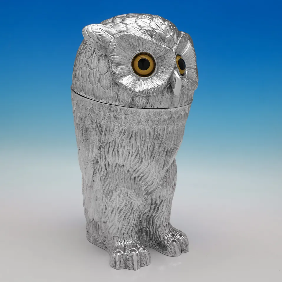 Sterling Silver Owl Champagne Cooler - Ellison & Co. Ltd., hallmarked in 1982 London - Elizabeth II
